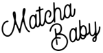 Logo mit handgeschriebenem Text "Matcha Baby" in schwarzer Farbe. Verspielte, geschwungene Schriftart auf transparentem Hintergrund.