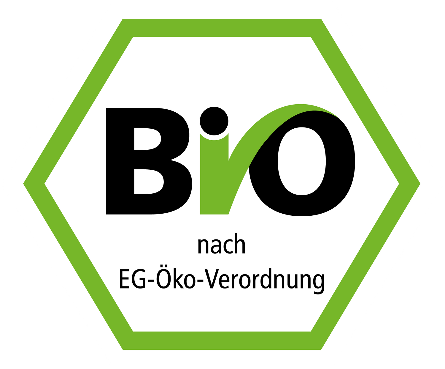 Deutsches sechseckiges Bio-Siegel mit grünem Rand, schwarzem „Bio“-Schriftzug und Text „nach EG-Öko-Verordnung“ auf weißem Hintergrund.