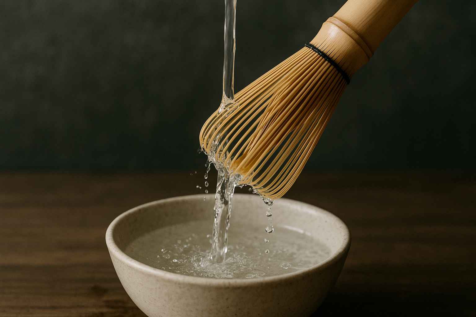 Ein traditioneller Chasen wird unter fließendem Wasser gespült. Wassertropfen fallen in eine Keramikschale, dunkler Hintergrund.